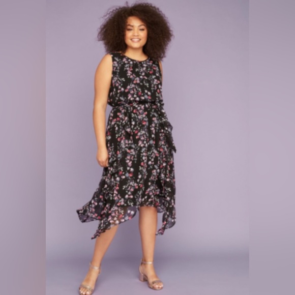 Lane Bryant Black and Pink Ruffled Wrap Dress Size 22 - Picture 1 of 7